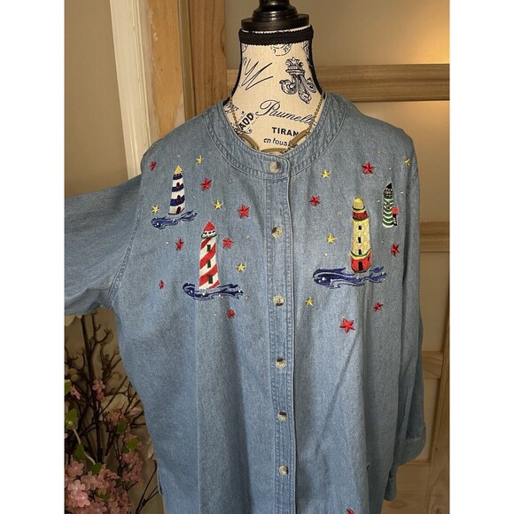 Quacker Factory Vintage Embroidered Nautical Denim Long Sleeve Button Down Sz 1X - Picture 3 of 12